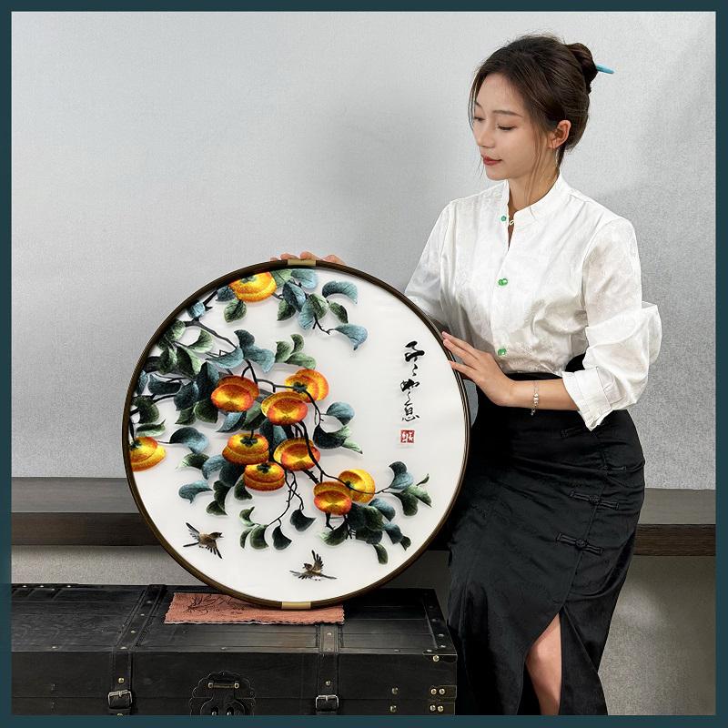新中式成品画高端刺绣玄关新中式圆形餐厅背景墙苏绣柿子装饰画图片