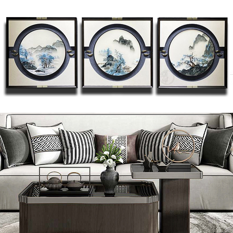 新中式苏绣客厅沙发背景墙装饰挂画餐厅实木框高清玻璃刺绣三联画图片
