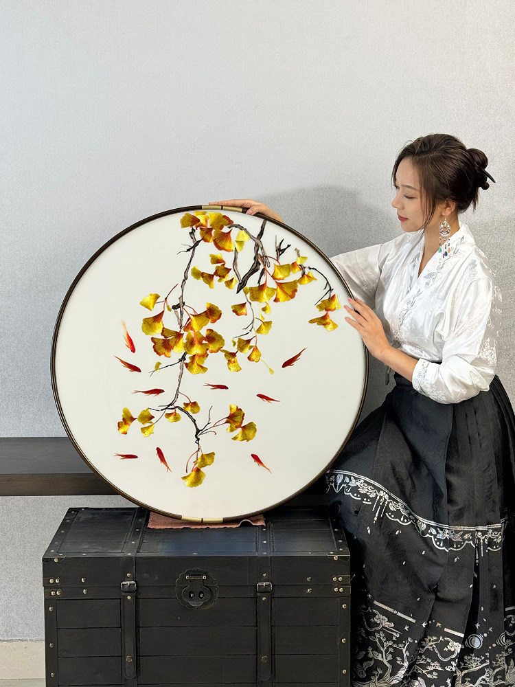 新中式玄入户玄关80cm圆形刺绣挂画苏绣壁画金玉满堂银杏叶装饰画