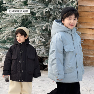 童酷2025儿童冬装湖州织里童装纯色连帽派克服加厚保暖男童棉衣