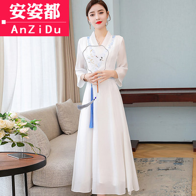 茶服夏装女禅意仙气禅服中国风女装复古汉服改良版连衣裙白色长裙