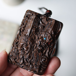 黑白无常沉香木牌吊坠一见生财天下太平文玩车挂件平安挂牌无事牌