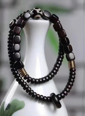 正宗黑檀木方块双圈手链暗色系复古文玩手串佛珠念珠跑环款紫光檀