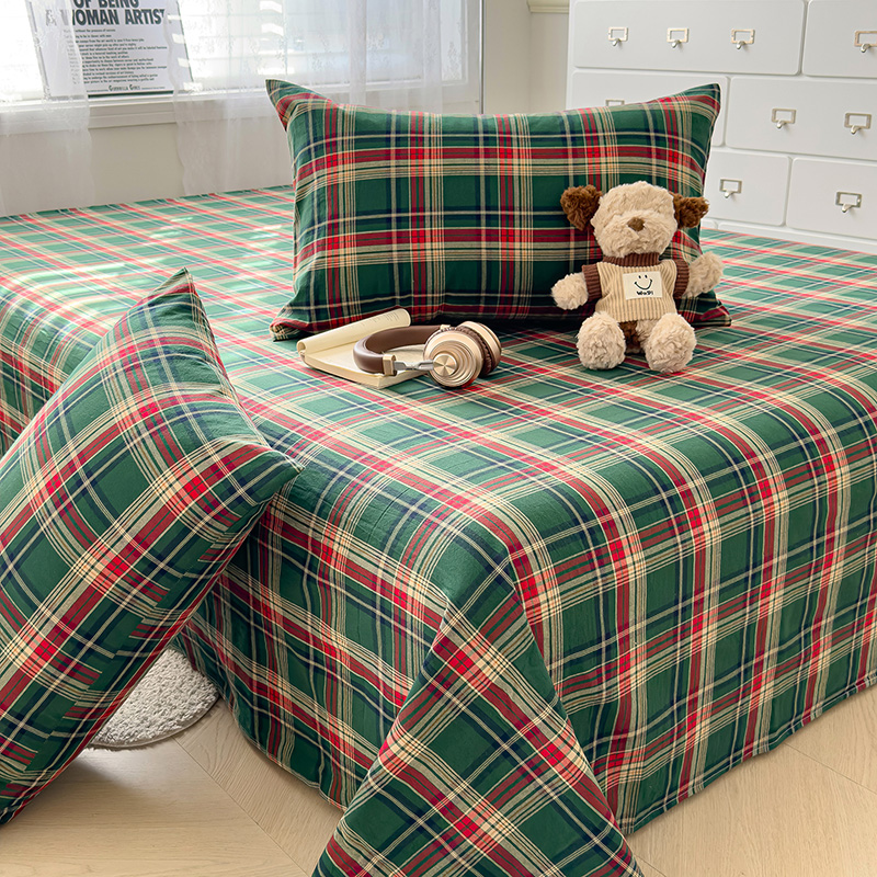 全棉深绿色格子床单单件色织水洗红黄色墨绿英伦风格简约纯棉被单