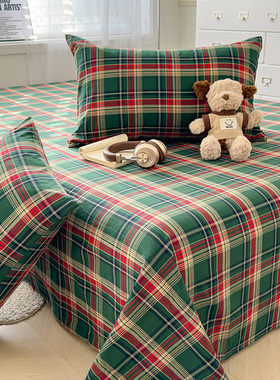 全棉深绿色格子床单单件色织水洗红黄色墨绿英伦风格简约纯棉被单