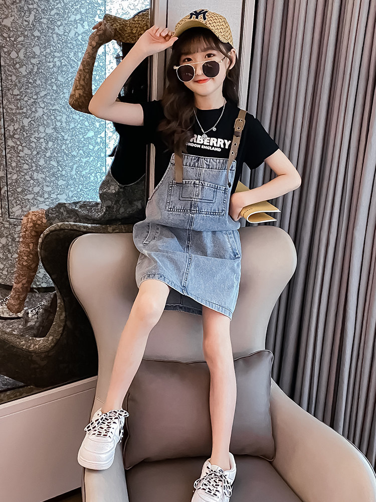 女童牛仔背带裙夏装套装2023连衣裙