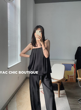春夏折扣CHIC YAC/醋酸缎面套装女吊带黑色休闲宽松长裤两件套