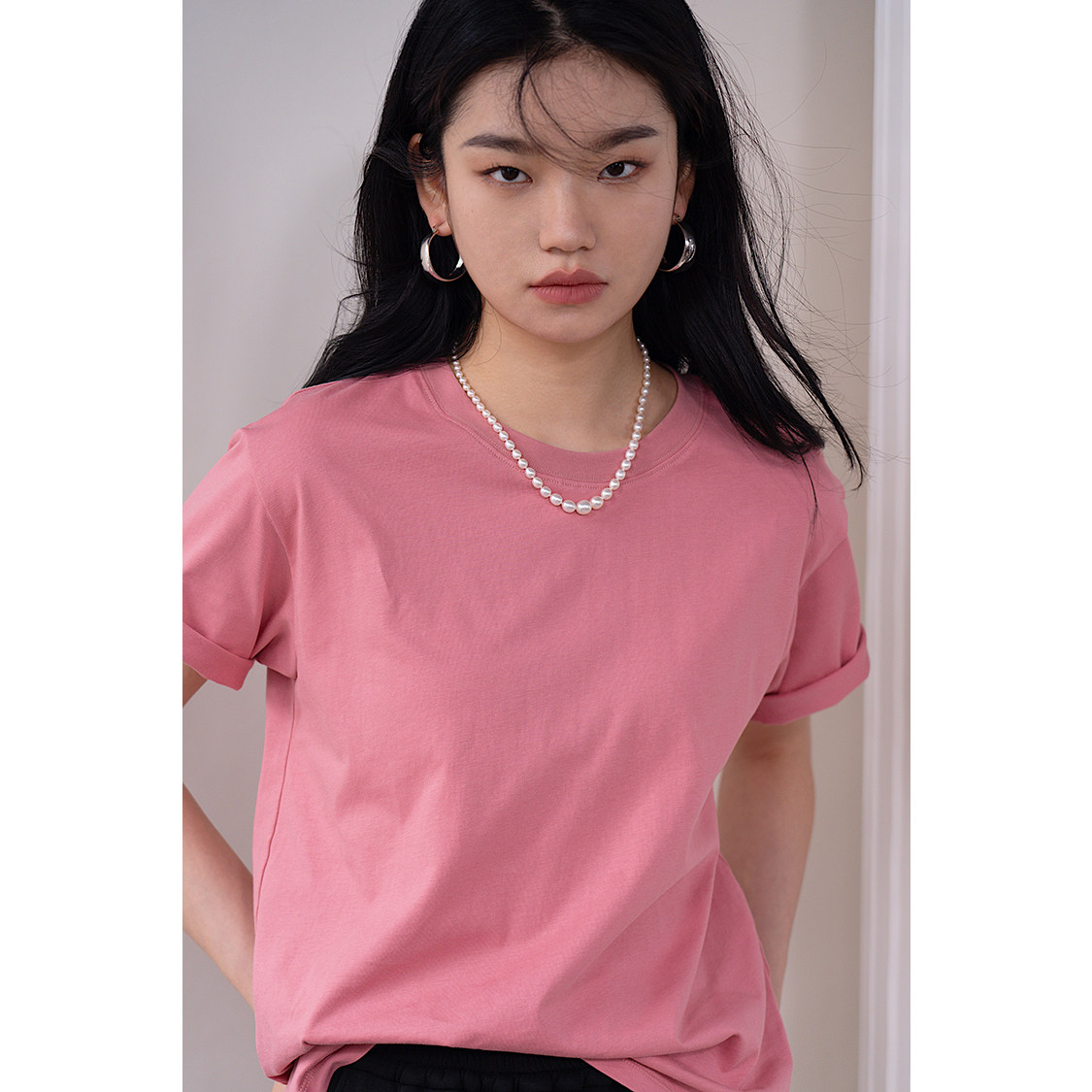 CHIC YAC/显白树莓粉简约圆领全棉短袖t恤女 经典白色通勤百搭