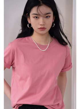 CHIC YAC/显白树莓粉简约圆领全棉短袖t恤女 经典白色通勤百搭