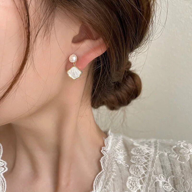 扇形贝壳珍珠耳钉s925银针耳环女韩版时尚百搭贝母耳饰新款耳坠潮