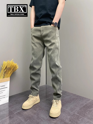 高端牛仔裤男士2025新款春秋冬季加绒修身小直筒男裤休闲裤子男款