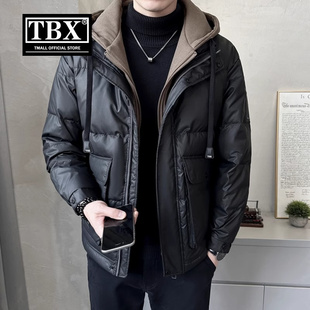 高端假两件连帽皮羽绒服男士冬季2025新款短款加厚PU皮衣外套男款