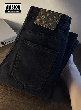 高端欧货纯黑色牛仔裤男士2025新款春秋冬季加绒修身直筒裤子男款