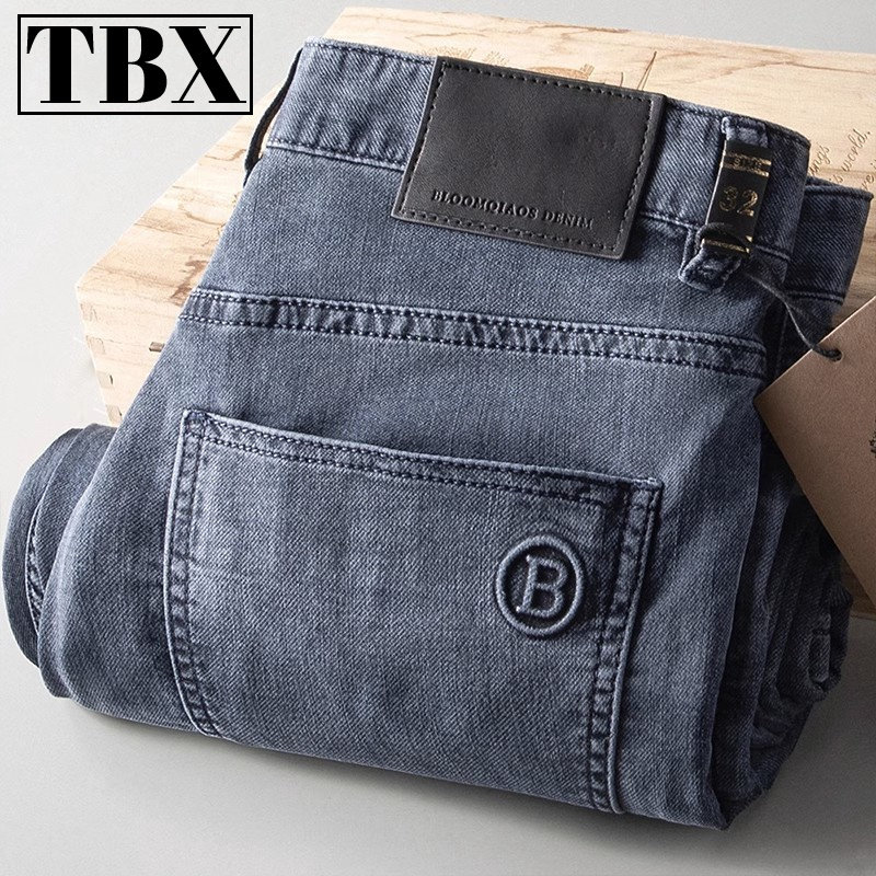 高端灰蓝色冰丝牛仔裤男士夏季薄款弹力直筒休闲裤子男款2025新款