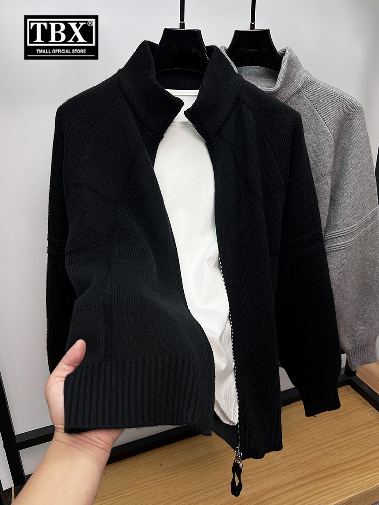 高端双拉炼针织开衫外套男士2025新款春秋冬季慵懒风立领毛衣男款