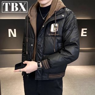 高端鸭绒假两件连帽羽绒服男士冬季2025新款短款加厚冬装外套男款