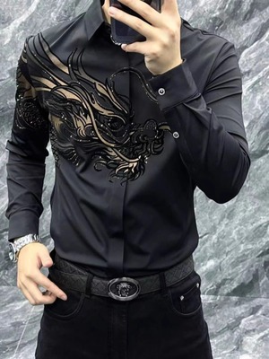 高端龙头烫钻长袖衬衫男士2025新款休闲黑色衬衣男款秋冬加绒保暖