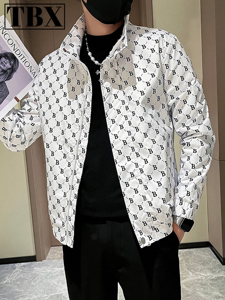 高端格子外套男士春秋季2025新款痞帅高级感印花立领夹克男款秋冬