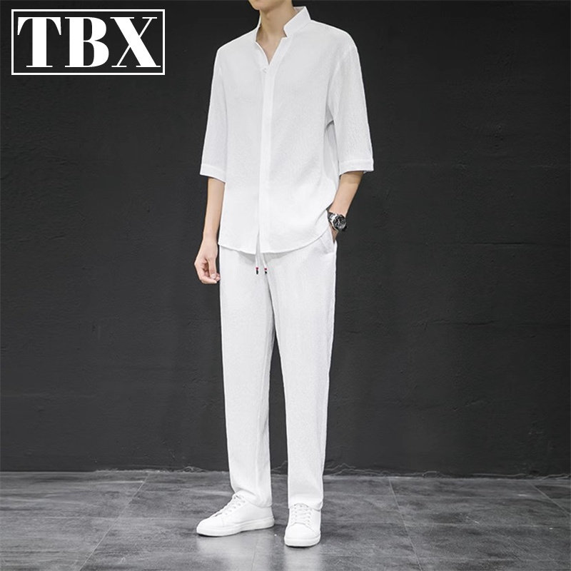 中国风亚麻休闲运动套装男士夏季冰丝短袖t恤男款白衬衫2026新款