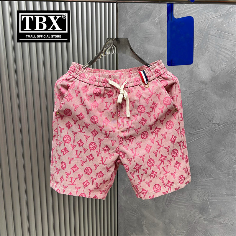 高端欧货休闲短裤男士夏季2026新款外穿粉色印花沙滩五分裤子男款