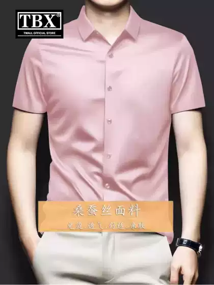 High-End Mulberry Silk Shirt Men's Short-Sleeved 2026 New Style Non-Iron Silk Business Casual Pink Shirt Men's Style