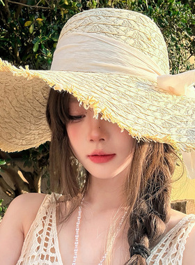 法式蝴蝶结遮阳草编帽女夏季大檐