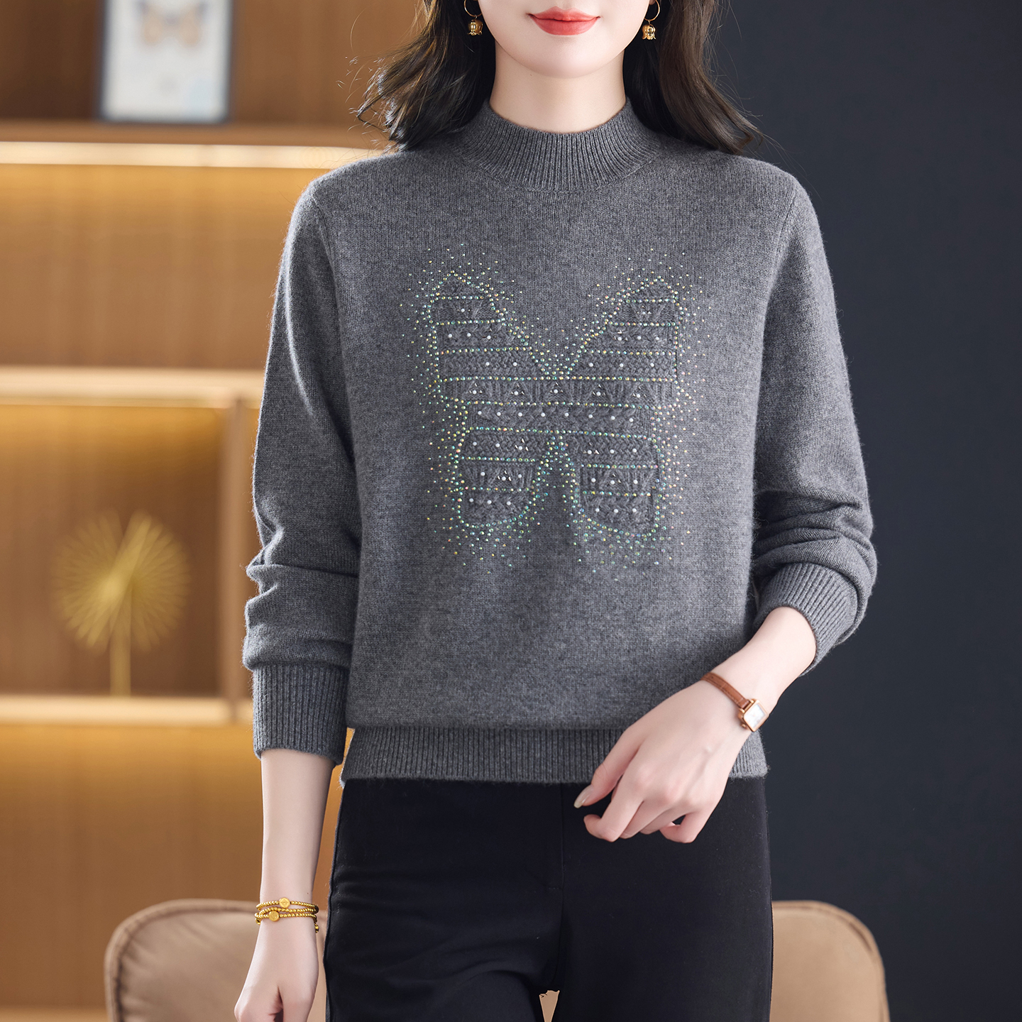 正品鹿王加厚羊绒衫女半高领烫钻蝴蝶图案针织打底衫秋冬保暖毛衣