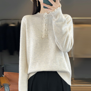 鹿王2025秋冬新款 纯羊毛衫 女士半高领蕾丝边毛衣高端针织打底衫