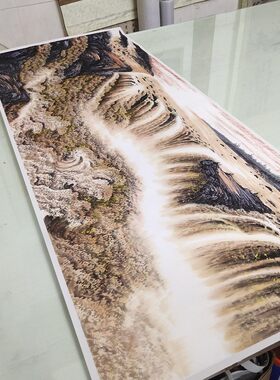 李平甲壶口瀑布书画山水巨幅国画真迹高清微喷仿古复制酒店装饰画
