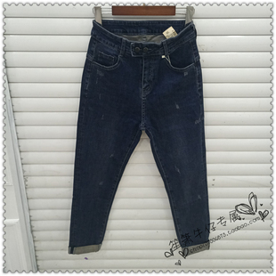 女郑仕伊族8182双扣简单百搭显瘦网红垮裤 2019秋季 深蓝全棉牛仔裤