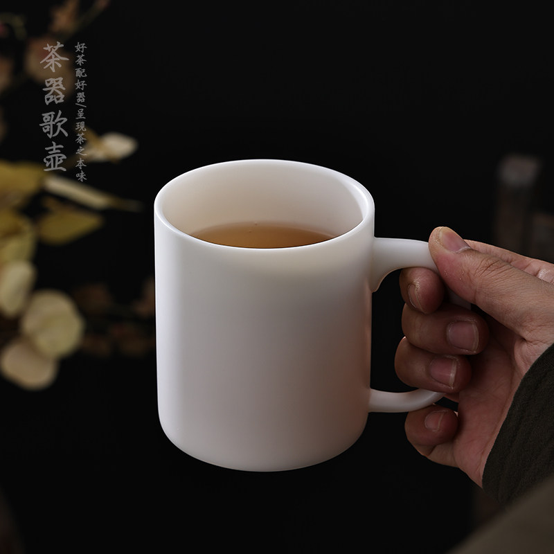 陶瓷马克杯咖啡杯带盖哑光高级感轻奢白瓷办公室水杯家用喝水杯子