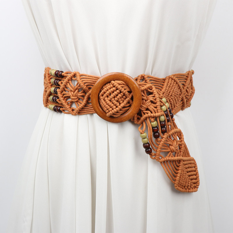 新款复古民族风编织女士腰带波西米亚镂空宽皮带百搭腰封装饰腰绳