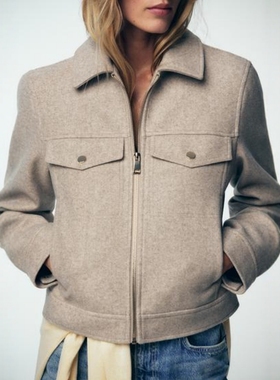 ZA样品新款休闲百搭翻领长袖口袋饰毛呢软质拉链夹克外套3046265