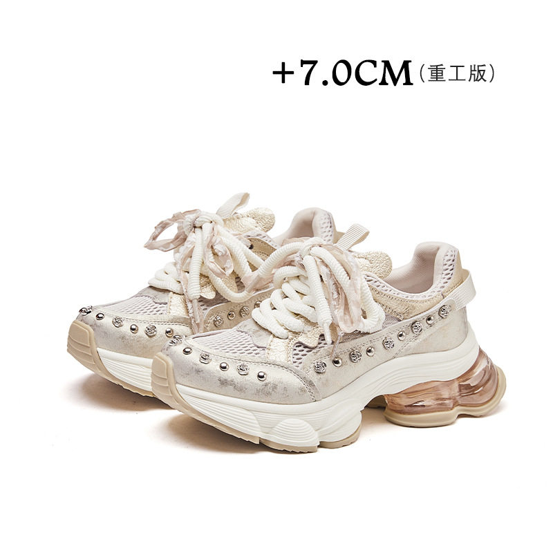 重工铆钉设计师款~夏季气垫厚底7CM增高老爹鞋女休闲网面透气单网