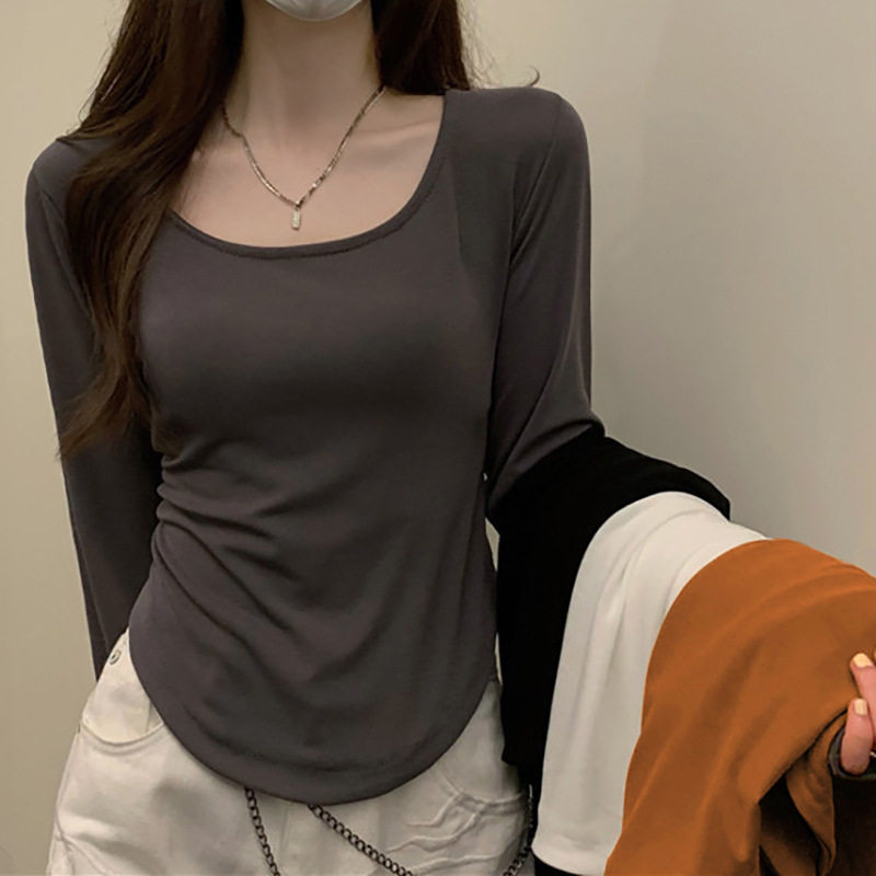 长袖T恤女式秋冬新款潮ins不规则修身学生休闲短款上衣少女打底衫