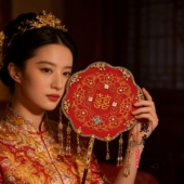 鲸鹿原创金喜中式 秀禾旗袍绣金色绣花喜字婚扇汉服新娘出嫁礼物