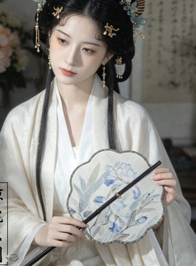 鲸鹿原创蓝色鸠尾花印花腰扇紫竹长柄可旋转复古装饰拍照竹帘扇