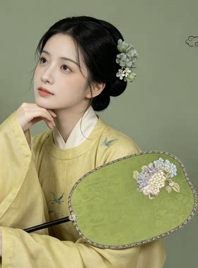 鲸鹿原创绣球花绣花大尺寸团扇紫竹柄复古中式汉服拍照装饰扇子