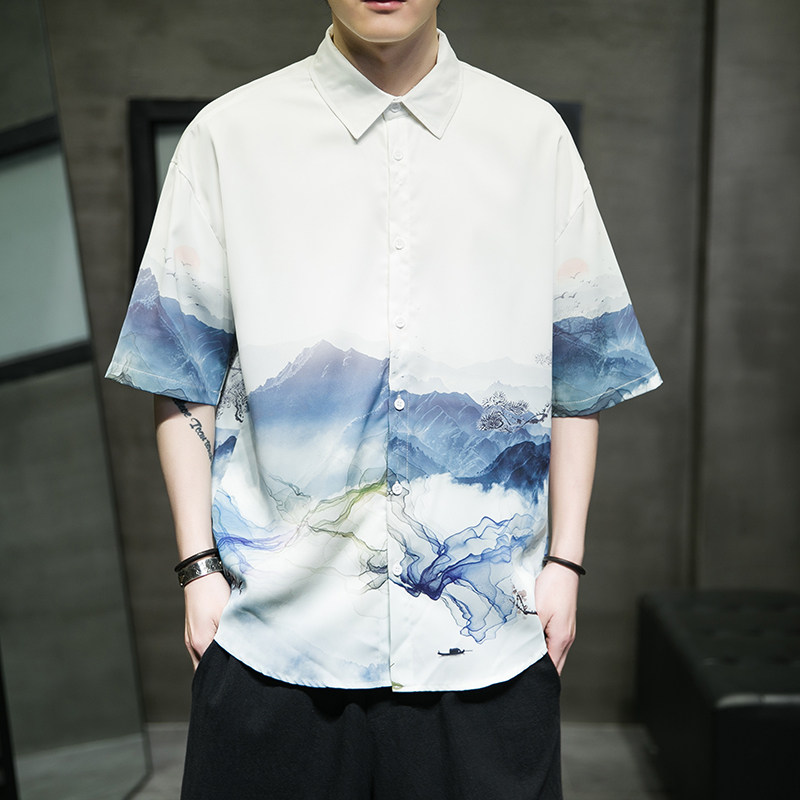 男士印花风休闲男新潮款青年短袖衬衫DS-A008-1-S017-P45，男装衬衫，电商A008-1