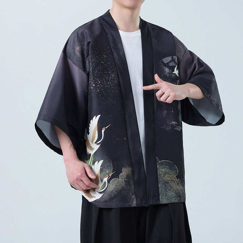 夏季新款风印花仙鹤汉服风衣开衫披风男DSA008-1K85P40,男装风衣,电商A008-1