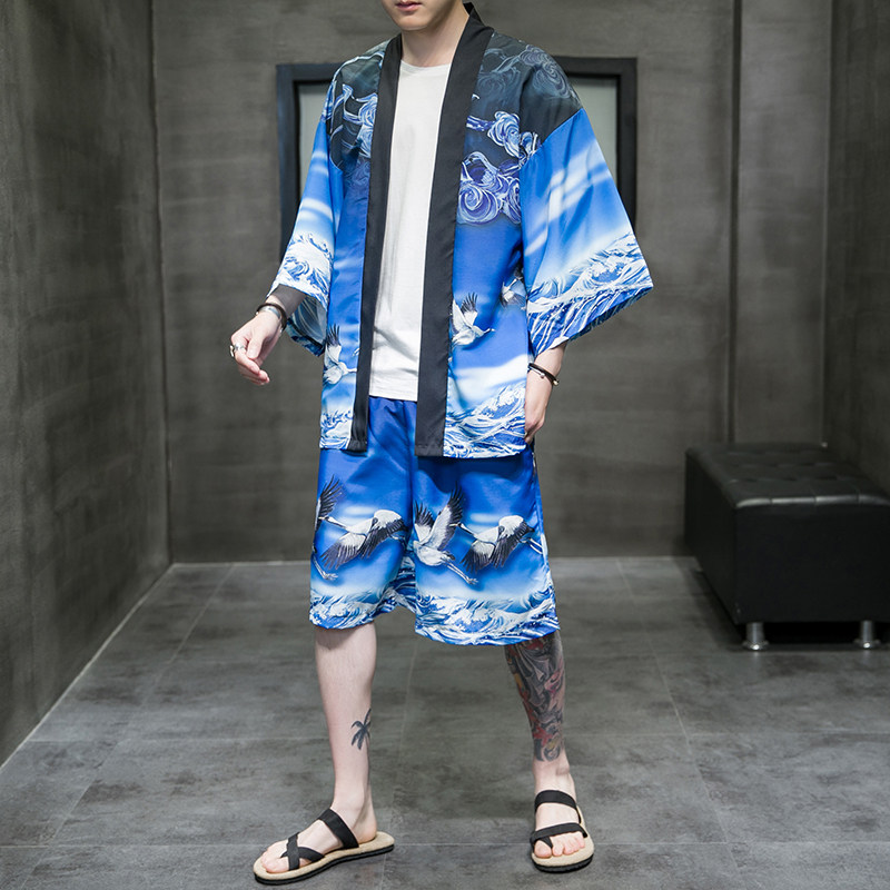2025夏季风道袍男短袖汉服开衫和服防晒衣套装QT6006TZK51P70,男装防晒衣,电商A008-1