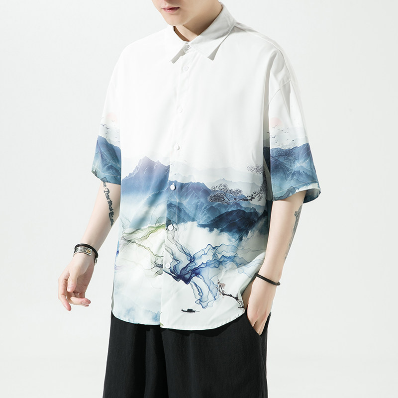 男士印花风休闲男新潮款青年短袖衬衫DS-A008-1-S017-P45,男装衬衫,电商A008-1