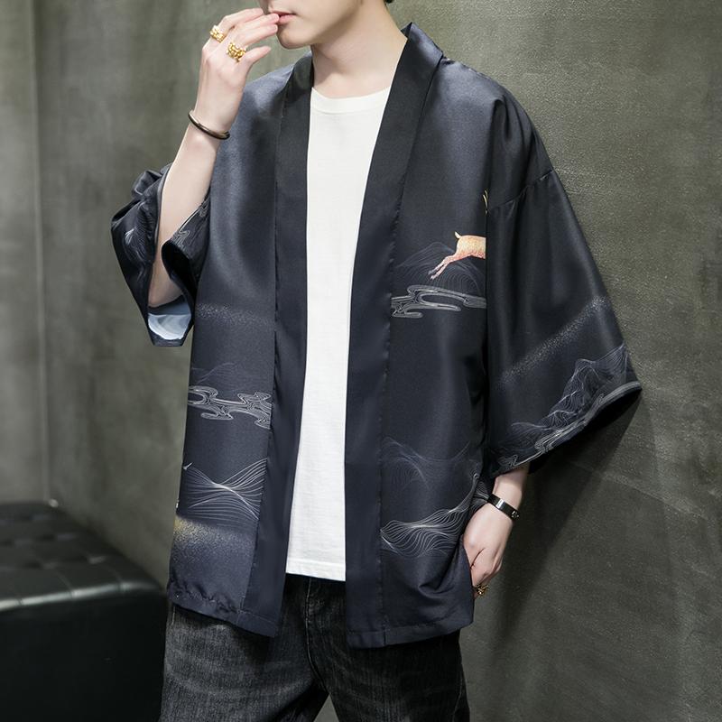 夏季新款风仙鹤祥鹿汉服开衫披风男DS-A008-1-K93p40,男装民族服装,电商A008-1