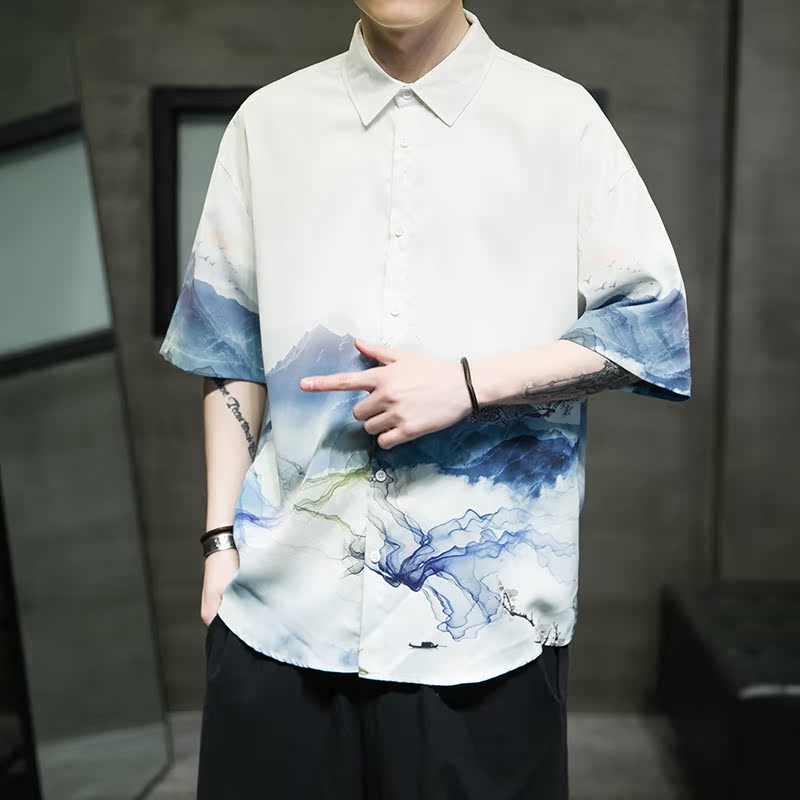 男士印花风休闲男新潮款青年短袖衬衫DS-A008-1-S017-P45,男装衬衫,电商A008-1