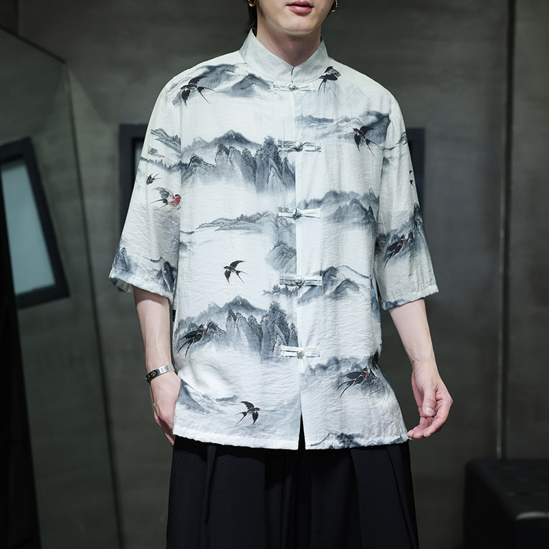 夏季新款风短袖衬衫唐装汉服风印花男A008-1-1102-P50,男装T恤,电商A008-1