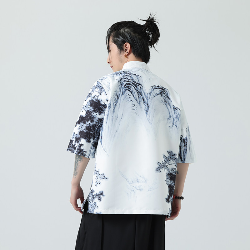 2025夏季新款风短袖衬衫唐装汉服风印花男A008-1-S202-P45,男装T恤,电商A008-1