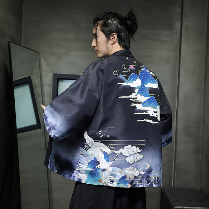 夏季新款风荷花 仙鹤印花汉服风衣开衫披风男DSA008-1K87 P40图片