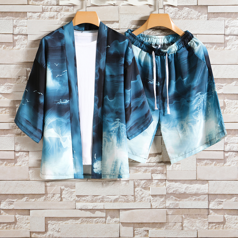 2025夏季风道袍男短袖汉服开衫和服防晒衣套装QT6006TZK51P70，男装防晒衣，电商A008-1