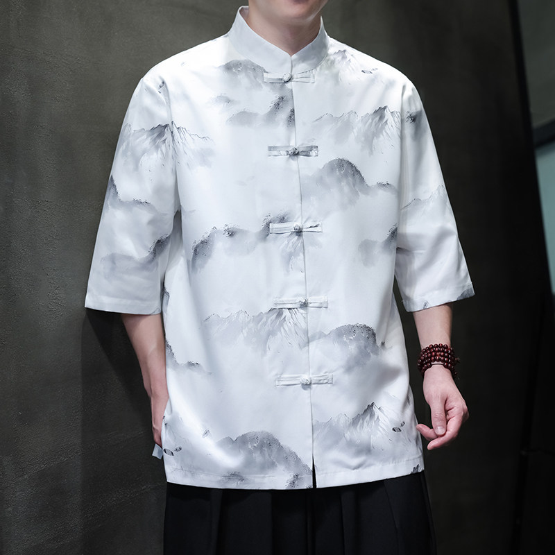 夏季新款风短袖衬衫唐装汉服风印花男A008-1-S207-P45,男装T恤,电商A008-1