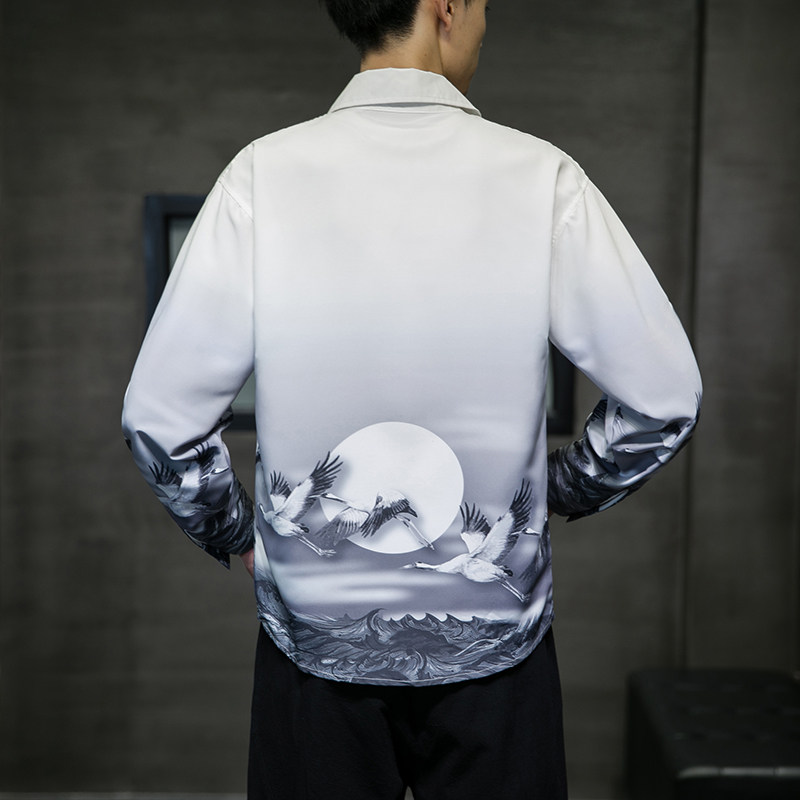 2025新款风仙鹤印花长袖衬衫外塔6006S603-P45,男装衬衫,电商A008-1
